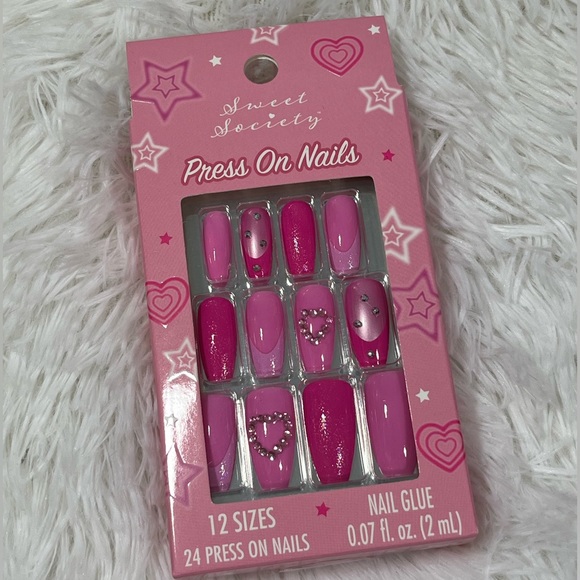 Sweet Society Accessories - SWEET SOCIETY Pink Rhinestone Jeweled Coffin Shaped Press On Nails Manicure Set